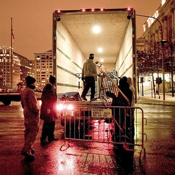 Barriers being loaded into a truck