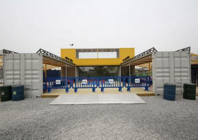 Blue Pedestrian Barriers Block Entrance